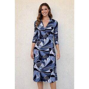 Mod Blue Swirl Midi Dress Stefani Size 8 Wrap Style V Neck 3/4 Sleeve